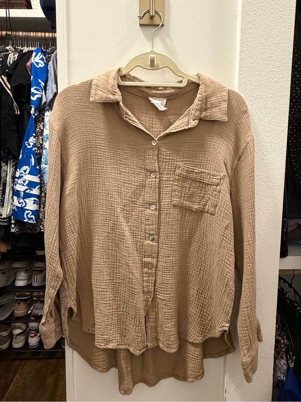 Chic Girl Relaxed Tan Button-Down Gauze Shirt